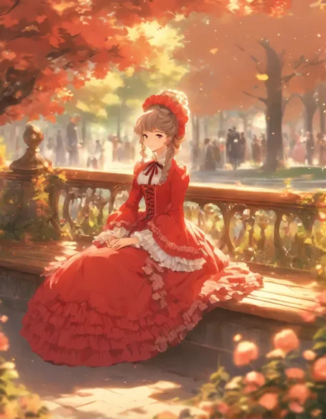 there is a woman sitting on a bench in a park, wearing 10s era clothes, dress in the style of rococo, victorian style costume, wearing 1860s era clothes, in a red victorian era dress, wearing 1 8 5 0 s era clothes, wearing 1850s era clothes, russian clothe...