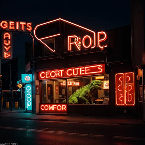 A neon sign in the window of  a strip bar, the sign is a bright and colorful godzilla outline