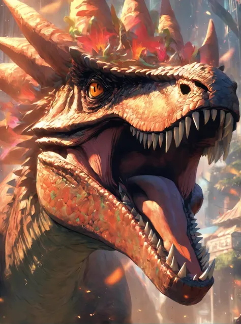 a close up of a dinosaur with a crown on its head, concept art by Aleksi Briclot, trending on cgsociety, fantasy art, 🌺 cgsociety, hyper realistic fantasy monster, the hydra from path of exile, cgsociety ), giant kaiju dragon monster, rending on cgsociety,...