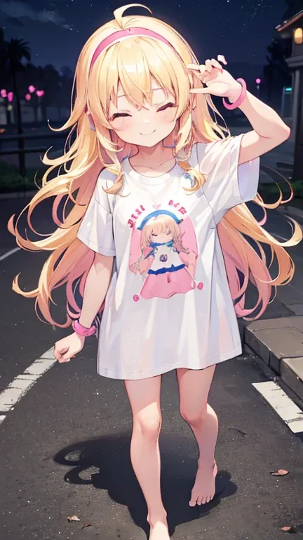 a cute 6 year old church girl named Brooke, blonde hair, long wavy hair, smile, short sleeved tshirt white, no pants, pink hairband, eyes closed, nighttime, barefoot, wristbands, walking