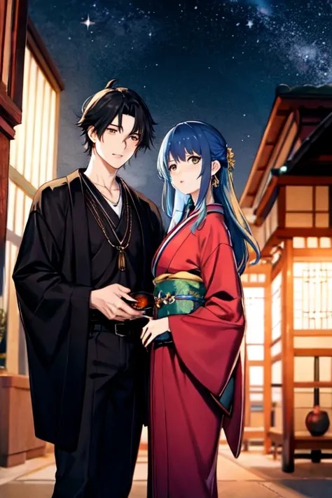 Ayumi has long blue hair that shines like the night sky, highlighting your amber eyes. His appearance is marked by a clothing style that combines traditional elements with a modern touch.. Ela usa um kimono elegante, mas adaptado para facilitar seus movime...