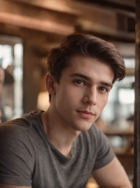 a 25 year old young man, in front of the bar, t-shirt, short hair, looking directly at camera, close range, HD, 8K