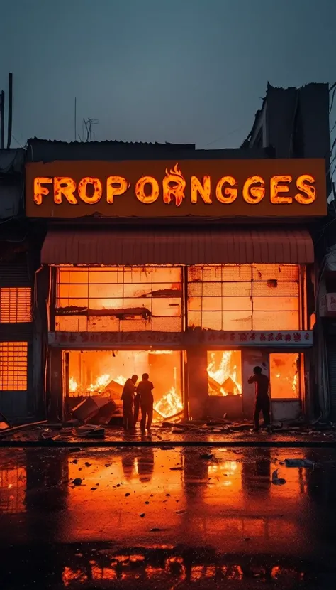 Many workers crying after their shops burn out and the building almost fall. The next shop still open for selling fruits with orange neon sign bright shine