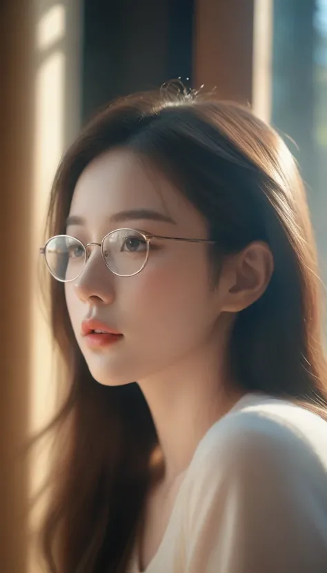 best quality, masterpiece), 1girl, dappled sunlight, indoors, glasses, shy, 1 girl, young girl, (goosebumps:0.7), beautiful face, (eyeliner, lipstick:0.9), 4k, 8k, uhd, hdr, detailed background, background