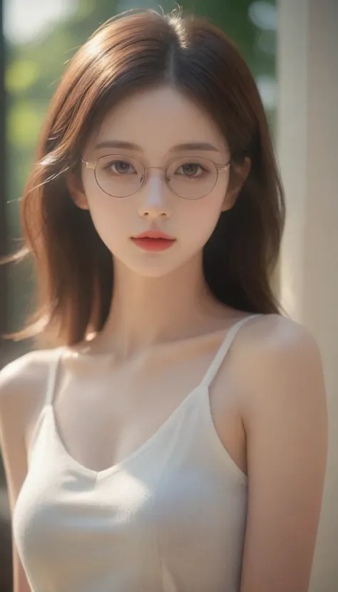 best quality, masterpiece), 1girl, dappled sunlight, indoors, glasses, shy, 1 girl, young girl, (goosebumps:0.7), beautiful face, (eyeliner, lipstick:0.9), 4k, 8k, uhd, hdr, detailed background, background