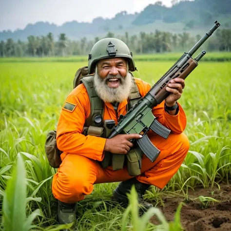 arafed fat bearded old man in orange pilot suit holding a rifle in a field, inspired by Oka Yasutomo, inspired by Akira Toriyama, militaristic!!!, military photography, closeup portrait shot, sniper! middle age man, akira toriyama style, 🕹️ 😎 🔫 🤖 🚬, akira ...