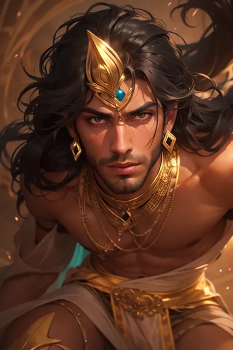 a man in a billowing gold chiffon male belly dance outfit is posing for a picture, handsome prince of persia, attractive male deity, brown skin man egyptian prince, beautiful androgynous prince, ashoka tano, delicate androgynous prince, hindu aesthetic, dj...