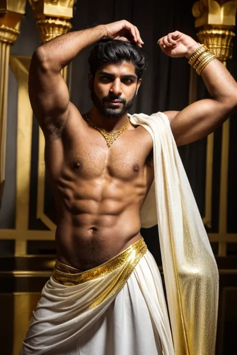 a man in a billowing gold chiffon male belly dance outfit is posing for a picture, handsome prince of persia, attractive male deity, brown skin man egyptian prince, beautiful androgynous prince, ashoka tano, delicate androgynous prince, hindu aesthetic, dj...