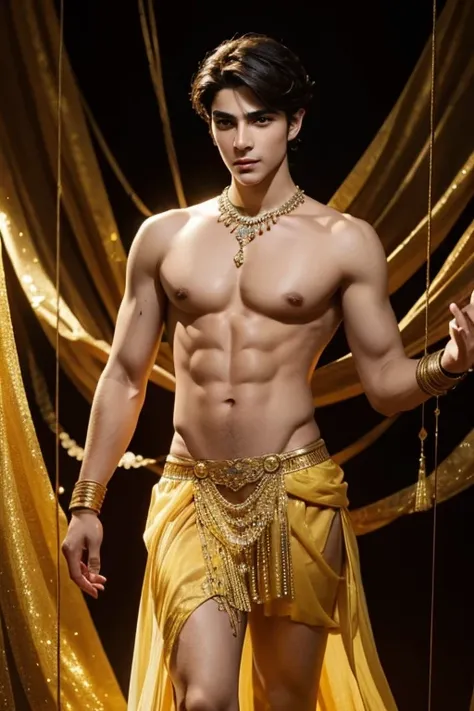 a man in a billowing gold chiffon male belly dance outfit is posing for a picture, handsome prince of persia, attractive male deity, brown skin man egyptian prince, beautiful androgynous prince, ashoka tano, delicate androgynous prince, hindu aesthetic, dj...