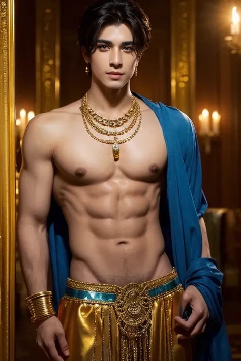 a man in a billowing gold chiffon male belly dance outfit is posing for a picture, handsome prince of persia, attractive male deity, brown skin man egyptian prince, beautiful androgynous prince, ashoka tano, delicate androgynous prince, hindu aesthetic, dj...