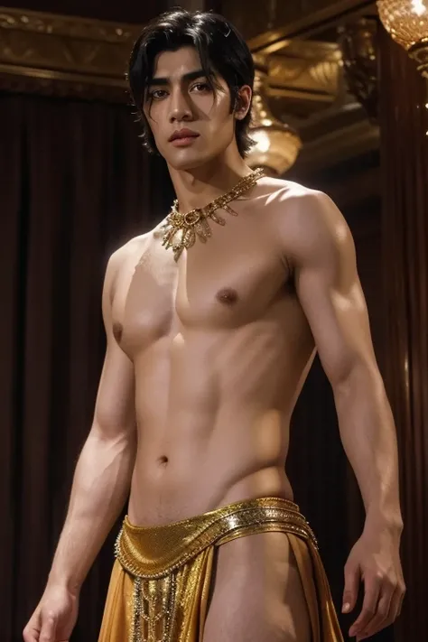 a man in a billowing gold chiffon male belly dance outfit is posing for a picture, handsome prince of persia, attractive male deity, brown skin man egyptian prince, beautiful androgynous prince, ashoka tano, delicate androgynous prince, hindu aesthetic, dj...