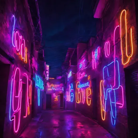 Neon Sign, PENeonSign, neon sign, glowing, colorful, (a vibrant composition, intense colors,high contrast),neon sign,luminous lights,dark urban alley,glowing words,nighttime cityscape,vivid futuristic atmosphere,reflections on wet pavement,neon tubes,hazy ...