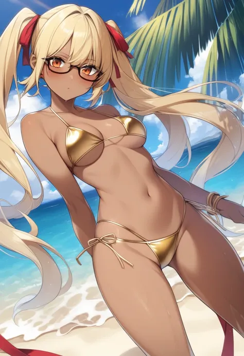 dark-skinned female, blonde hair, twintails, red ribbon, glasses, (medium breasts:1.2), gold bikini, beach