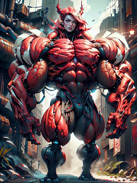 Cinematic, clear facial features and insanely detailed, the image captures the essence of (1 girl), (megan fox:1.25), (long red hair), (carnage skinless physique:1.25), (1 super muscular undead skinless succubus with gigantic horns:1.25), (covered in red n...