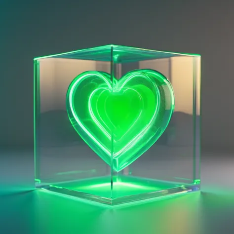 a transparent cube, inside the cube a very bright neon green heart, blurred background, very detailed cube, 8k quality.