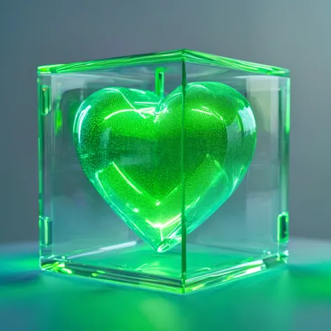 (best quality,8k),ultra-detailed,transparent cube,very detailed cube,inside the cube a very bright neon green heart,blurred background,vivid colors,bokeh