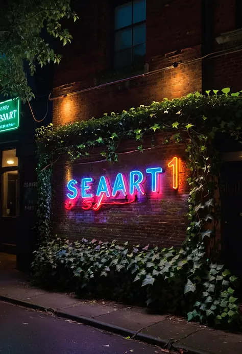 a neon sign that reads "seaart #1" on an ivy covered brick wall in a dark and dimly lit street