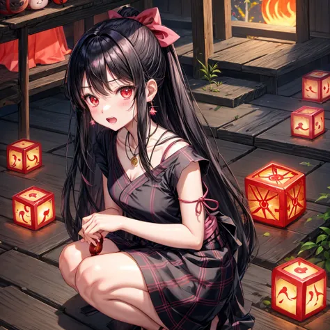 Pink-black hair、red eyes、one good looking girl、solo、anime、plaid mini skirt、black camisole、black t-shirt、kimono、wearing a ribbon、ribbon at waist、stone slabs are piled up、crystal earrings、jewelry necklace、Light and shadow、clock、universe、vine plant、petal、tilt...