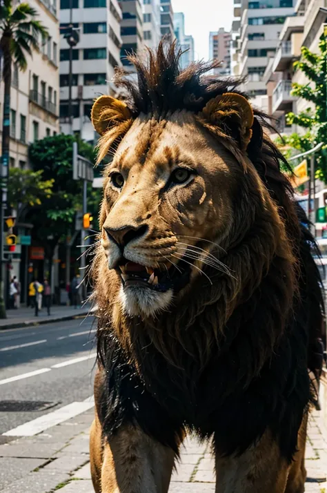 a lion roaring on a street in the city, no Brasil, imponente, His gaze is deep, hes roaring, gritando, com a boca aberta, dentes grandes e afiados, juba grande e bonita, final do dia, por do sol, raio de luz iluminando, hd, 4k, 8k, fotografia, real, ultrar...