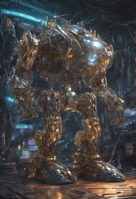 best quality, super fine, 16k, incredibly absurdres, extremely detailed, translucent AI robot made of lots of chrome, silver and gold plated gears and neon light wiring