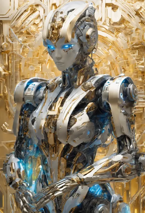 best quality, super fine, 16k, incredibly absurdres, extremely detailed, translucent AI robot made of lots of chrome, silver and gold plated gears and neon light wiring