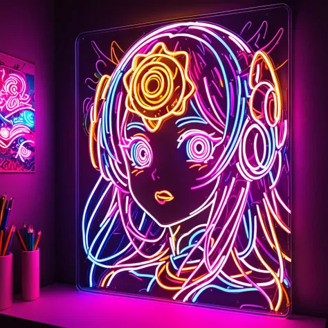 Neon Sign, PENeonSign, neon sign, glowing, colorful, Neon Sign and Naomi Okubo, beautiful shadowing, 3D appearance, reflective surfaces, illustrated completely, 8k beautifully detailed pencil illustration, extremely hyper-detailed pencil illustration, intr...