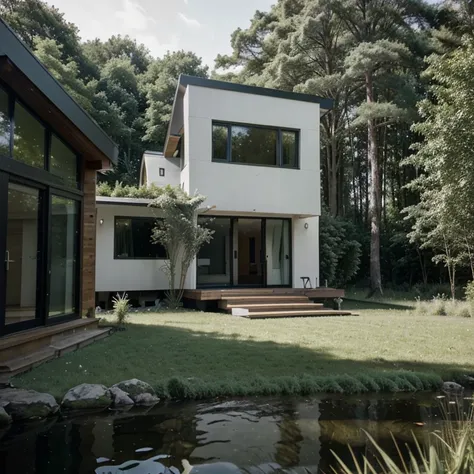 
Modern architecture, small 2-storey house in the field, lake in front of the door, green forest, Canon camera photo, material details, dark wood, stone cladding, white walls, people.