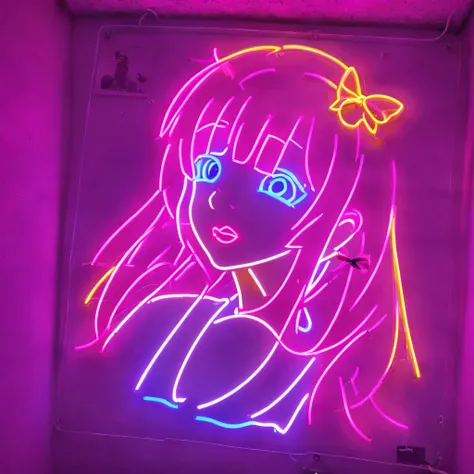 Neon Sign, PENeonSign, neon sign, glowing, colorful, 1girl, Neon Sign, bangs, blue hair, blunt bangs, blush, bow, breasts, closed mouth, commentary request, dress, drill hair, hair bow, hand on own face, highres, idolmaster, idolmaster shiny colors, juliet...