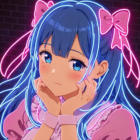 Neon Sign, PENeonSign, neon sign, glowing, colorful, 1girl, Neon Sign, bangs, blue hair, blunt bangs, blush, bow, breasts, closed mouth, commentary request, dress, drill hair, hair bow, hand on own face, highres, idolmaster, idolmaster shiny colors, juliet...