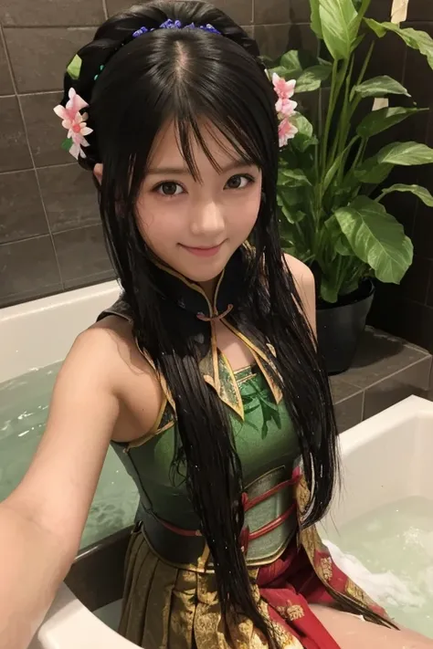 Guan Yinping, Black发, brown eyes, hair accessories, hair flower, Half body, Black, 上Half body，pretty face，Lovely，high school student，Smile，bath，Wash your hair，Wet body，bathroom，Flushing，Wear underwear