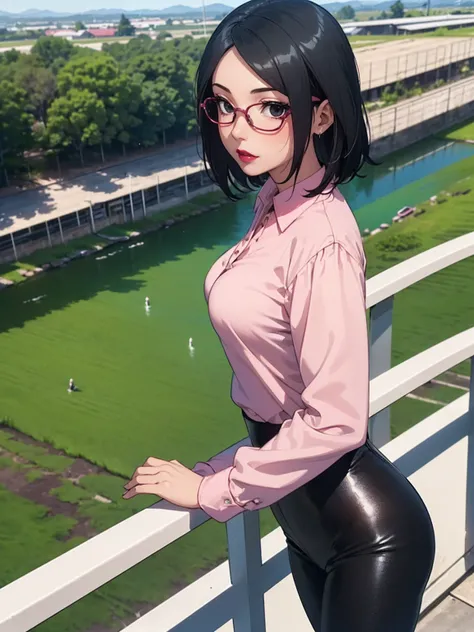 (1girl, solo, alone), (WakatsukiRisa, Sarada Uchiha, black hair, short hair, black eyes, red glasses), ((solo, (1woman, pink lipstick, (small breasts), black eyes), Extremely detailed, ambient soft lighting, 4k, perfect eyes, a perfect face, perfect lighti...