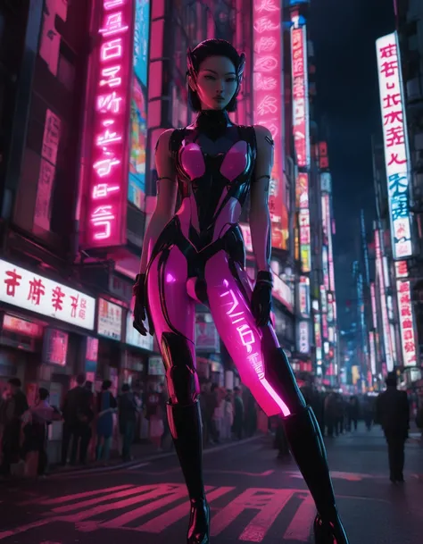 A captivating 3D render of a futuristic neon-lit Shinjuku Kabukicho scene in Tokyo during the 2000s. The iconic  tower looms in the background, casting a shadow over the bustling streets. Vibrant neon signs and advertisements light up the night, creating a...