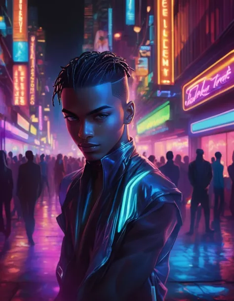 An electrifying scene of a futuristic metropolis at night, with neon lights creating a dazzling display of colors. The city is abuzz with activity, and the energy of the nightlife is palpable. The underground club, with its flickering neon signs, is the fo...