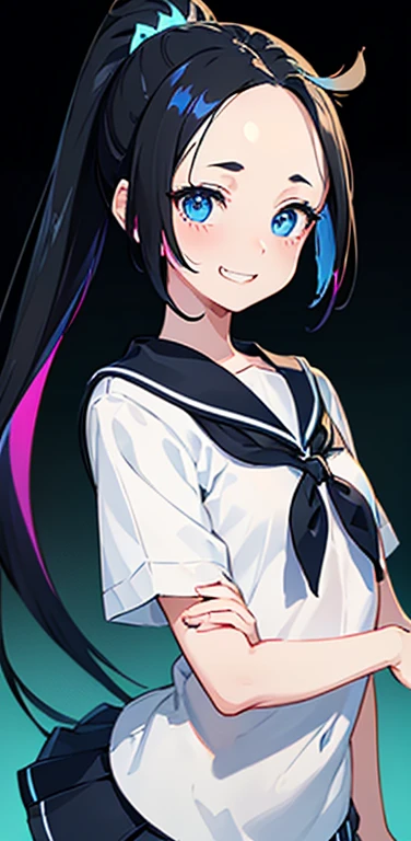 Realistic、1girl、black hair、(forehead:1.3),blue eyes、open stance,(ponytail),(eye focus:1.3,upper body),(gradient eyes:1.3), JK: 1.1,(sailor uniform
)、(grin:1.3),cute face、,(tareme:1.3),(small breasts:1.3),(colorful fluorescence background:1.3),colorful fluo...