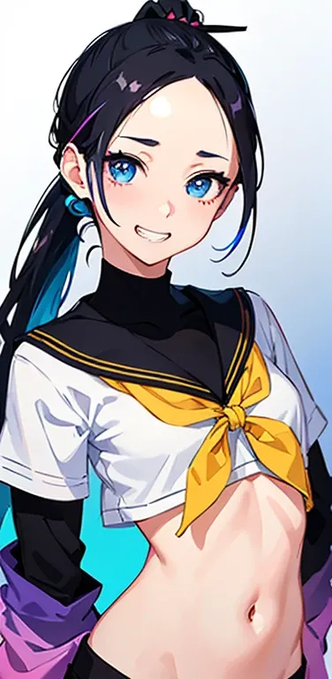 Realistic、1girl、black hair、(forehead:1.3),blue eyes、open stance,(ponytail),(eye focus:1.3,upper body),(gradient eyes:1.3), JK: 1.1,(sailor uniform
)、(grin:1.3),cute face、,(tareme:1.3),(small breasts:1.3),(colorful background:1.5),colorful
