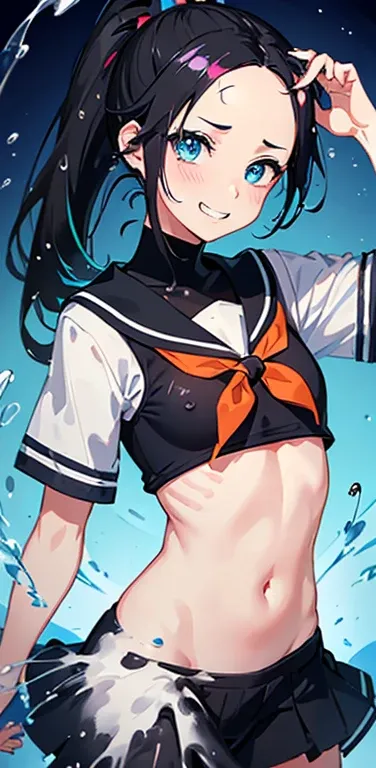 Realistic、1girl、black hair、(forehead:1.3),blue eyes、open stance,(ponytail),(eye focus:1.3,upper body),(gradient eyes:1.3), JK: 1.1,(sailor uniform
)、(grin:1.3),cute face、,(tareme:1.3),(small breasts:1.3),(colorful splash background:1.5),colorful splash
