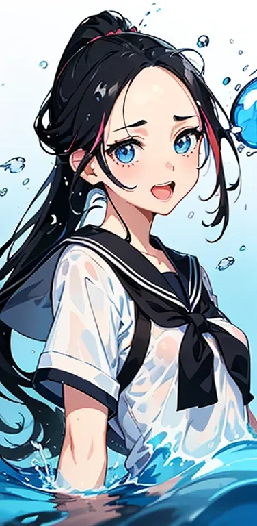 Realistic、1girl、black hair、(forehead:1.3),blue eyes、open stance,(ponytail),(eye focus:1.3,upper body),(gradient eyes:1.3), JK: 1.1,(sailor uniform
)、(Open your mouth and laugh out loud:1.3),cute face、,(tareme:1.3),(small breasts:1.3),(colorful splash backg...