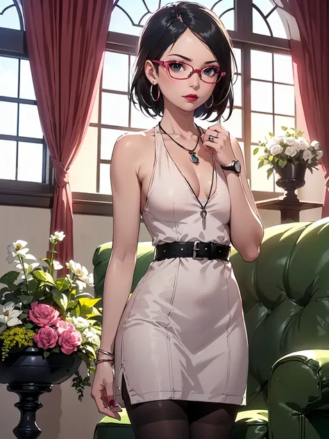 (1girl, solo, alone), (WakatsukiRisa, Sarada Uchiha, black hair, short hair, black eyes, red glasses), ((solo, (1woman, pink lipstick, (small breasts)), Extremely detailed, ambient soft lighting, 4k, perfect eyes, a perfect face, perfect lighting, a 1girl)...