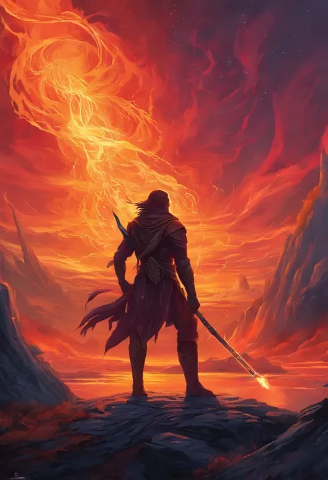 a painting of a man with a staff standing in a lava field, concept art inspired by Dan Mumford, Artstation contest winner, fantasy art, lava and fire goddess, fire elemental, appears as the fire goddess, dan mumford and alex grey style, epic fantasy art st...