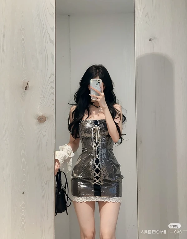 Araffe woman taking a selfie in a mirror with a cell phone., cordd dress, 2 0 2 0 moda, vestido de lujo, vestido sexy, curvas, cord dress, cordd, cruel korean gothic girl, corset, jisoo de blackpink, Vestido gris transparente, cordy, , 19xx, wings cord wea...