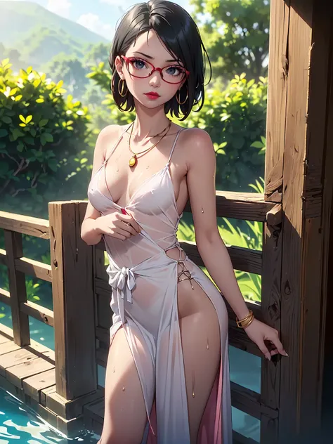 (1girl, solo, alone), (WakatsukiRisa, Sarada Uchiha, black hair, short hair, black eyes, red glasses), ((solo, (1woman, pink lipstick, (small breasts)), Extremely detailed, ambient soft lighting, 4k, perfect eyes, a perfect face, perfect lighting, a 1girl)...