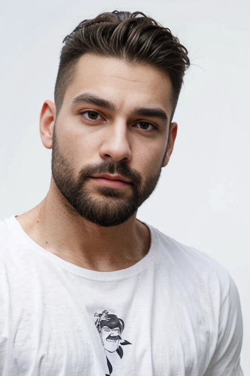 Un homme avec un regard intense, des sourcils bien dessinés et une barbe de trois jours, dressed in jeans and a white t-shirt.