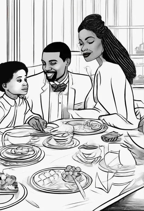 best quality, masterpiece, photo, 4K, photorealistic, highly detailed, an african family having breakfast at a table, dad in suit and tie, mom in headwrap, school uniforms for the boy and girl, simple interior, black and white, thick lines, closeup