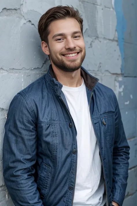 30-year-old Caucasian male with short brown hair and a full beard, wearing a blue jacket, smiling, with a blue wall in the background