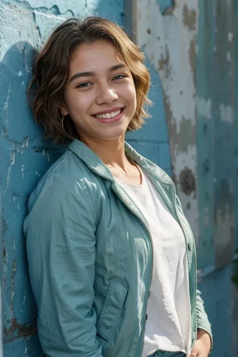 20-year-old Hispanic female with short blonde hair and a full beard, wearing a green jacket, smiling, with a blue wall in the background