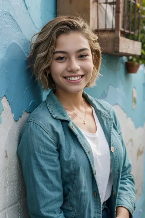 20-year-old Hispanic female with short blonde hair and a full beard, wearing a green jacket, smiling, with a blue wall in the background