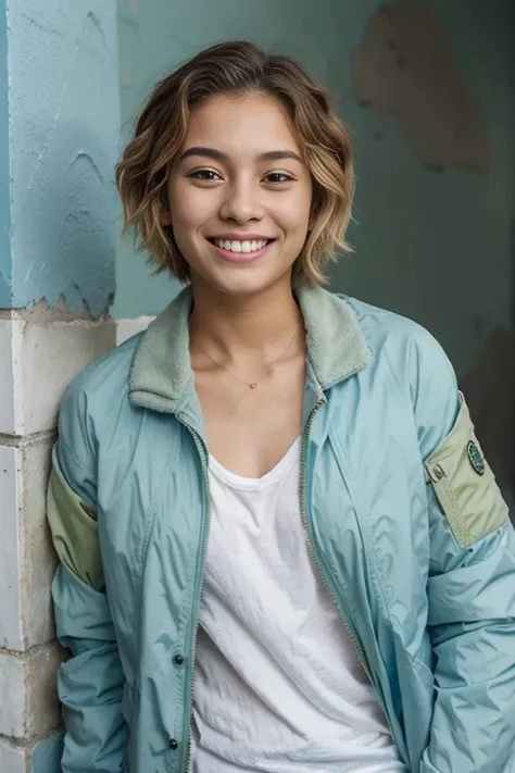 20-year-old Hispanic female with short blonde hair and a full beard, wearing a green jacket, smiling, with a blue wall in the background