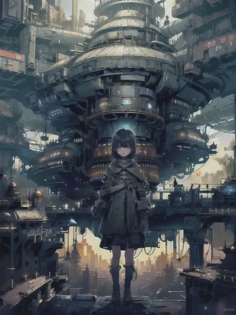 A ray of hope in a dystopia, A young girl wanders into a dark Chinese skyscraper, One little girls back in the back center of the screen, Very complex cityscape, A devastated world, Pulling composition, industrial, High-definition depiction, A city lined w...