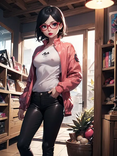 (1girl, solo, alone), (WakatsukiRisa, Sarada Uchiha, black hair, short hair, black eyes, red glasses), ((solo, (1woman, pink lipstick, small breasts, black eyes), Extremely detailed, ambient soft lighting, 4k, perfect eyes, a perfect face, perfect lighting...