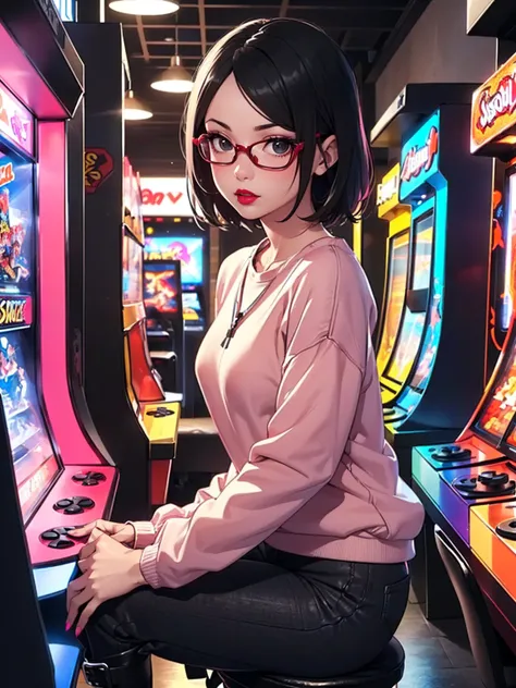 (1girl, solo, alone), (WakatsukiRisa, Sarada Uchiha, black hair, short hair, black eyes, red glasses), ((solo, (1woman, pink lipstick, (small breasts), black eyes), Extremely detailed, ambient soft lighting, 4k, perfect eyes, a perfect face, perfect lighti...